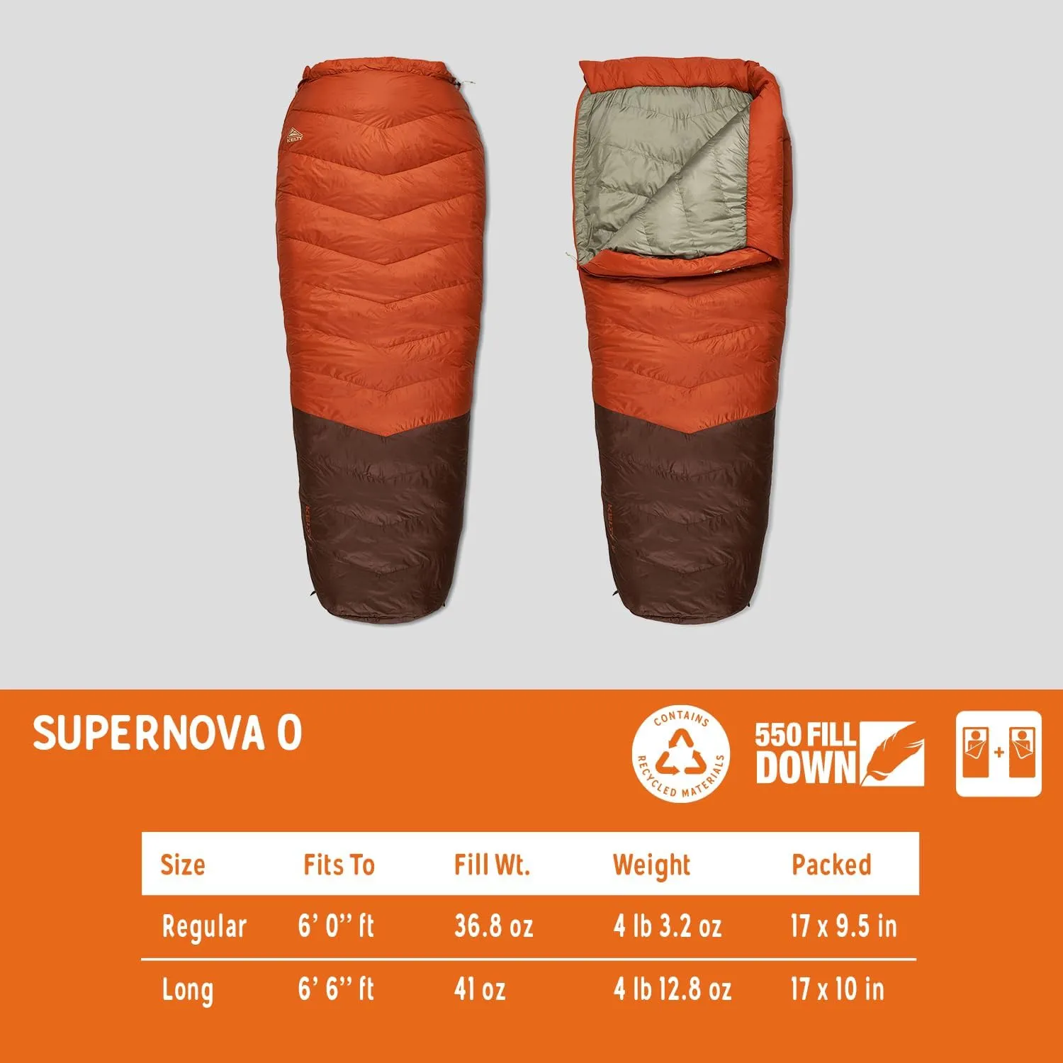 Kelty Supernova Down Sleeping Bag, Compact   Lightweight, Roomy Shape for All Body Types and Sleep Positions, Recycled Shell Fabrics