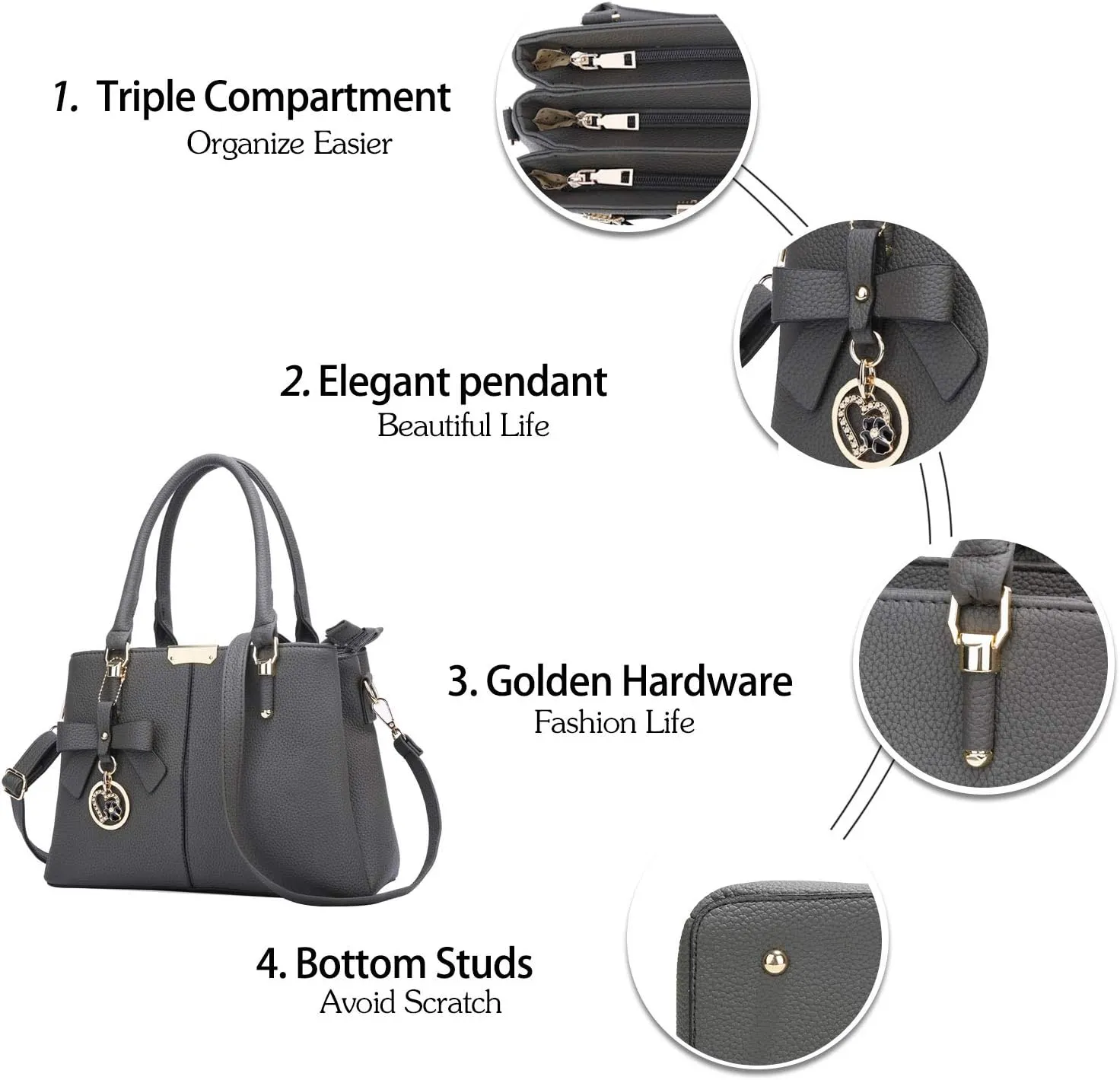 KKXIU 3 Zippered Compartments Purses and Handbags for Women Top Handle Satchel Shoulder Ladies Bags