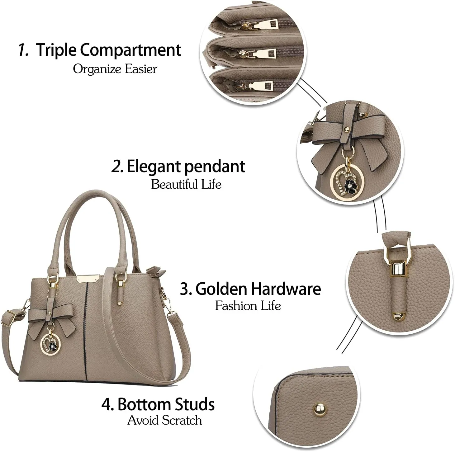 KKXIU 3 Zippered Compartments Purses and Handbags for Women Top Handle Satchel Shoulder Ladies Bags