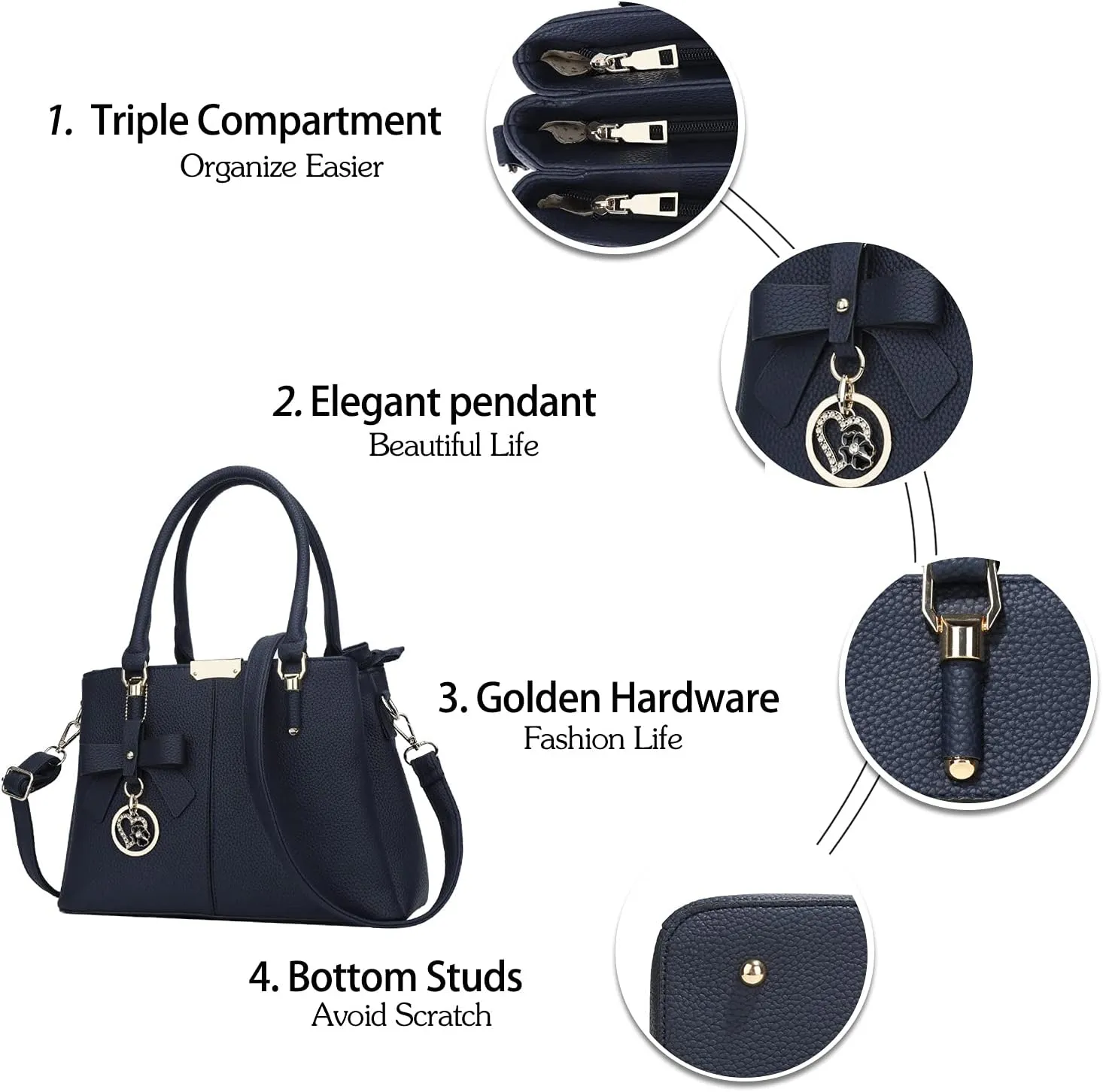 KKXIU 3 Zippered Compartments Purses and Handbags for Women Top Handle Satchel Shoulder Ladies Bags