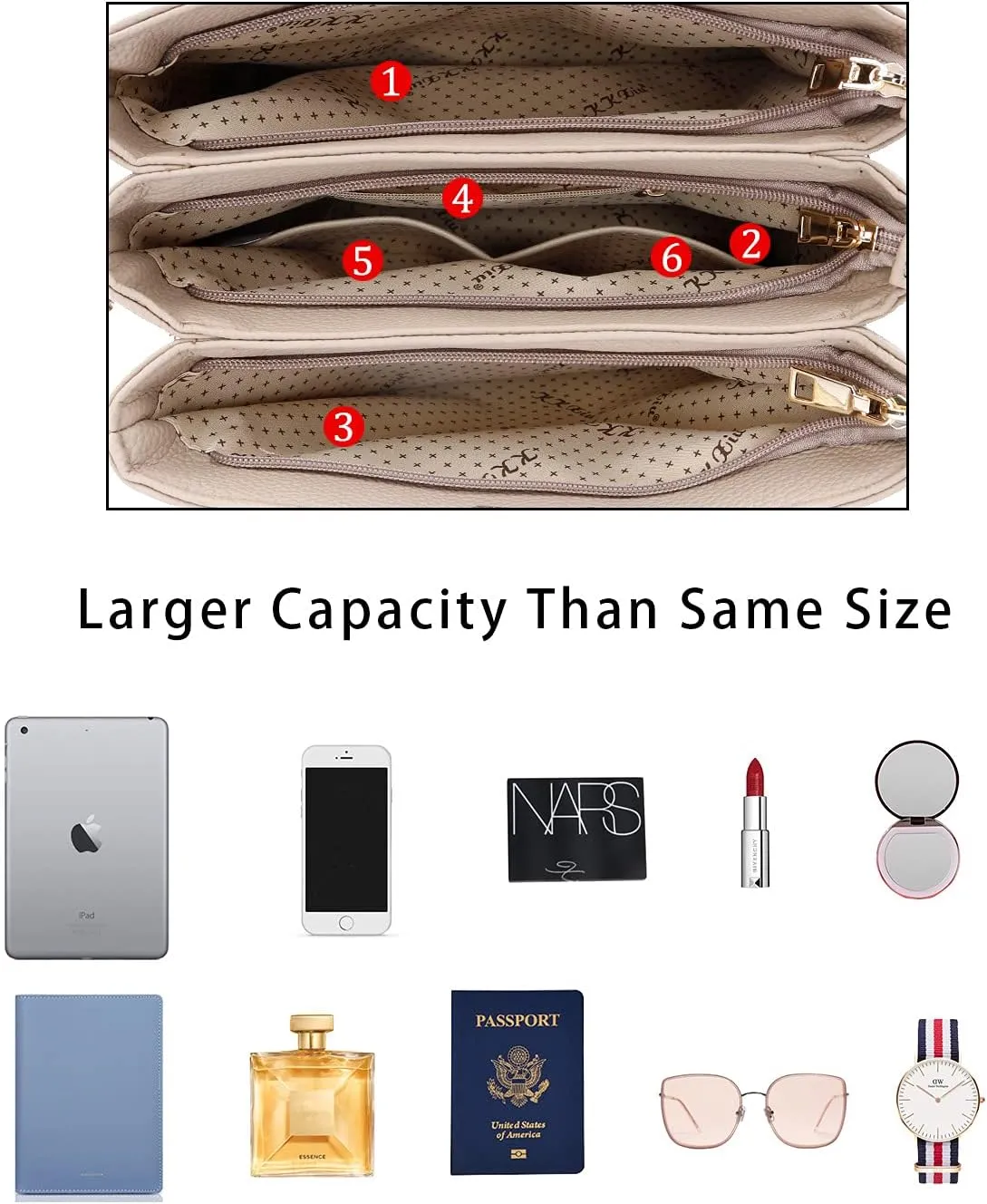 KKXIU 3 Zippered Compartments Purses and Handbags for Women Top Handle Satchel Shoulder Ladies Bags
