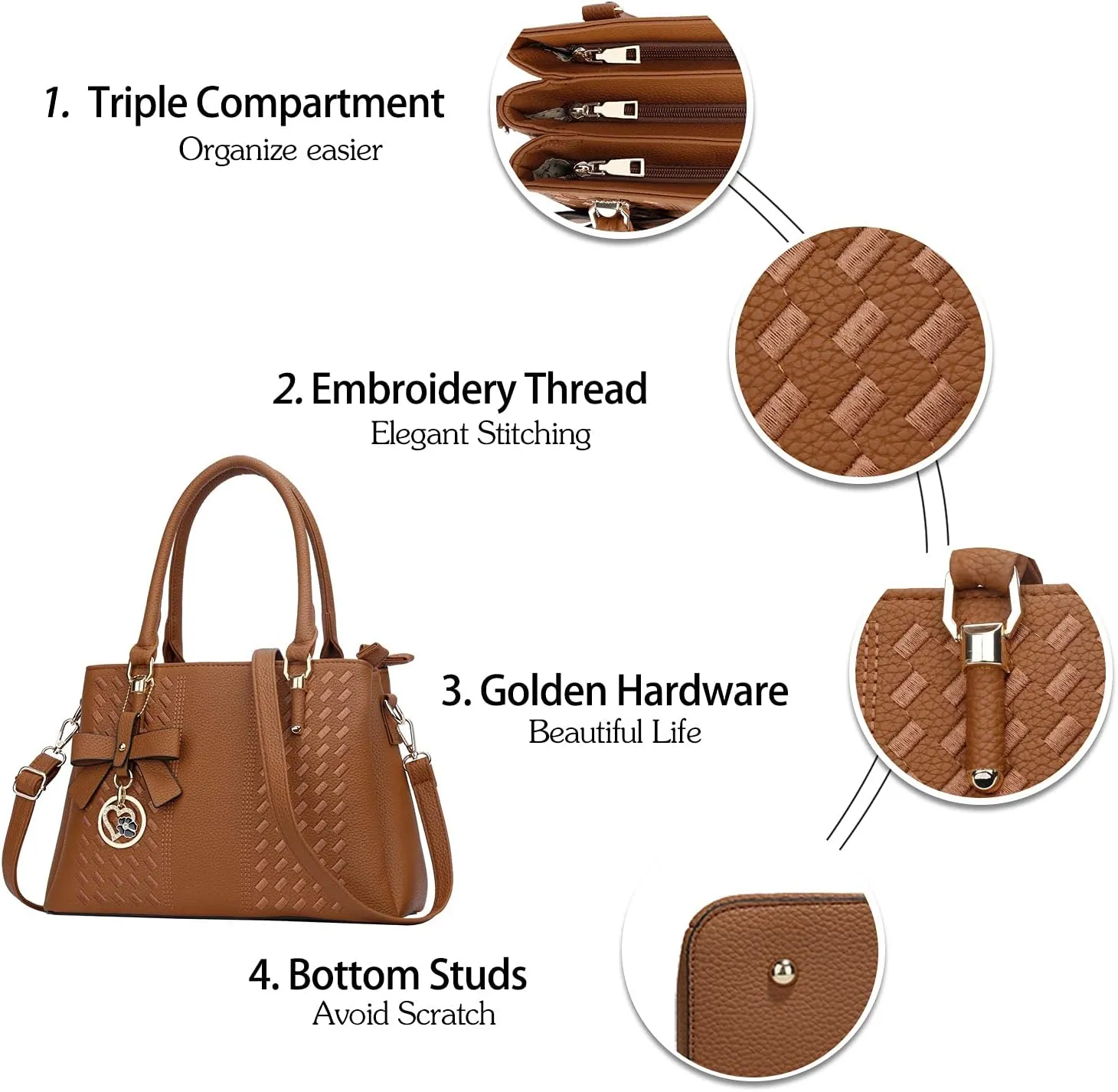 KKXIU Women Satchel Bags Handle Shoulder Handbags and Purses Pockets Zipper Leather Crossbody Bags