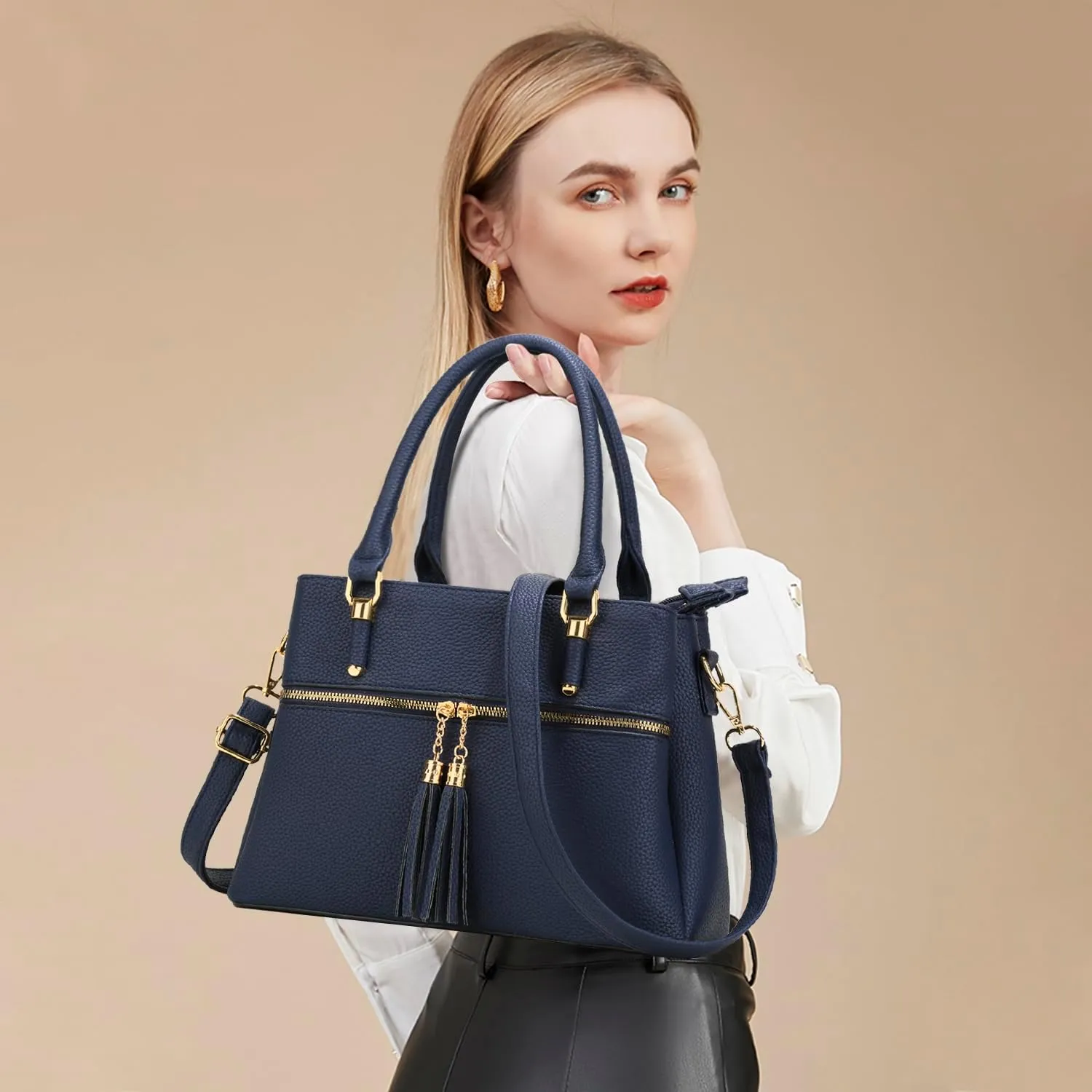 KKXIU Women Satchel Bags Handle Shoulder Handbags and Purses Pockets Zipper Leather Crossbody Bags