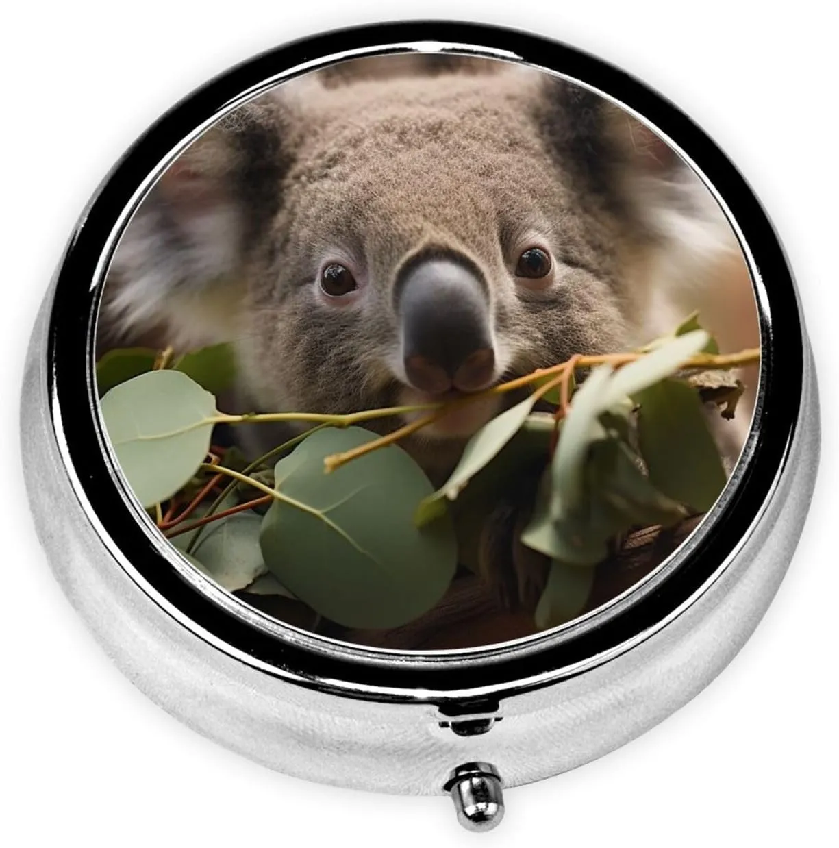 Koala Spotted Eating Leaves Pill Box Round Pill Case for Pocket Purse 3 Compartment Medicine Pill Organizer Cute Portable Travel Pillbox Vitamin Cod Liver Oil Storage Box Unique Gift Organizer