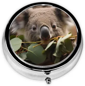 Koala Spotted Eating Leaves Pill Box Round Pill Case for Pocket Purse 3 Compartment Medicine Pill Organizer Cute Portable Travel Pillbox Vitamin Cod Liver Oil Storage Box Unique Gift Organizer