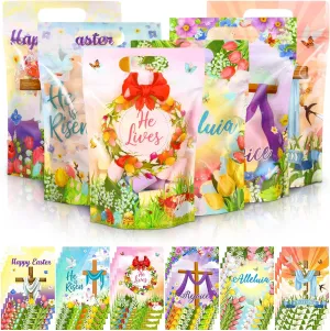 Kosiz 60 Pcs Religious Easter Gift Bags with Handles Plastic He Is Risen Party Favor Bags Bulk for Candy Treat Goodie Cookie Gifts Christians Sunday School Church Spring Easter Day Supplies