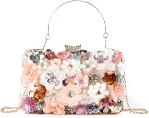 KUANG! Women's Floral Flower Evening Handbags Colorful Rhinestone Clutch Purses Floral Bride Wedding Chain Shoulder Bag