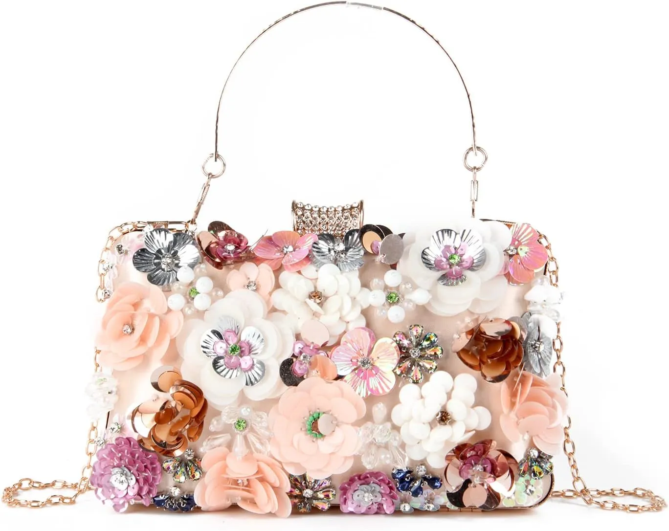 KUANG! Women's Floral Flower Evening Handbags Colorful Rhinestone Clutch Purses Floral Bride Wedding Chain Shoulder Bag