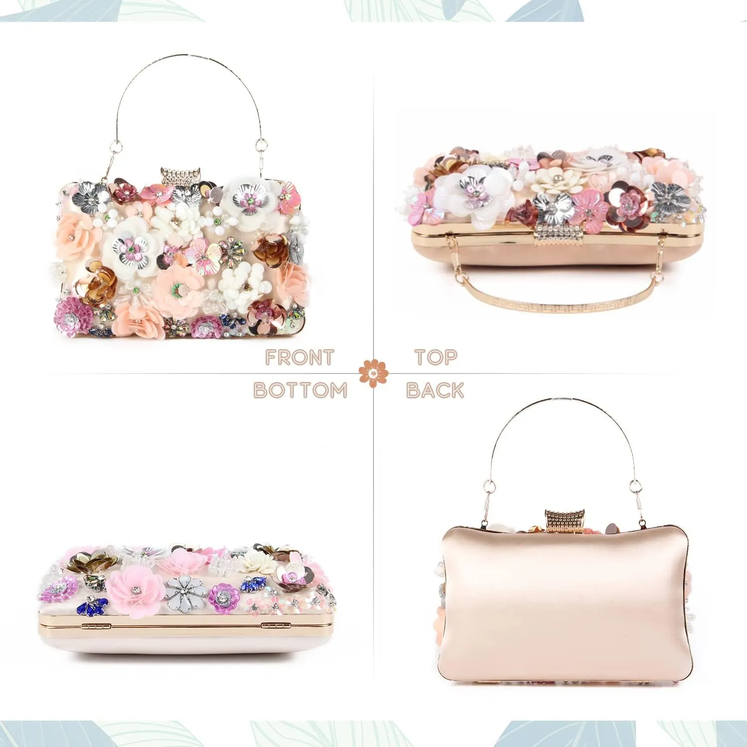 KUANG! Women's Floral Flower Evening Handbags Colorful Rhinestone Clutch Purses Floral Bride Wedding Chain Shoulder Bag