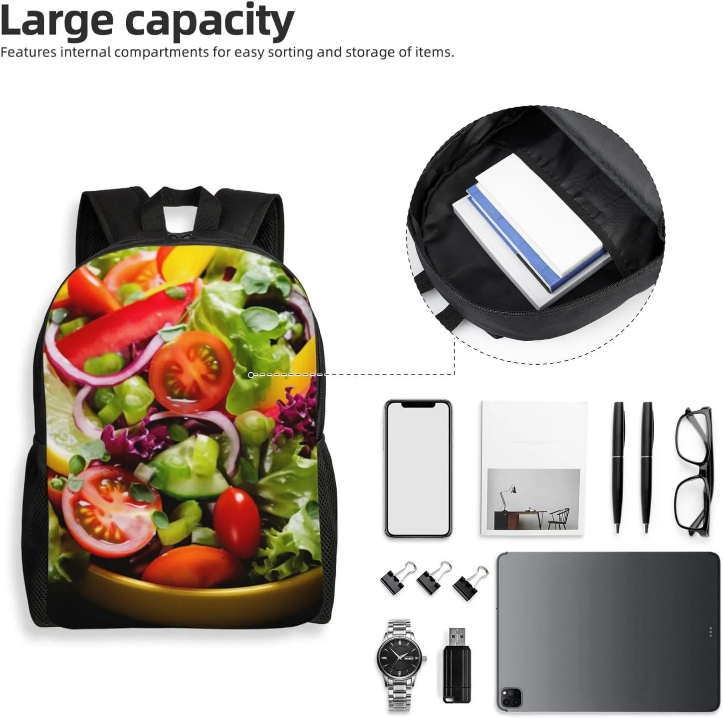 Laptop Backpack for Women Men Carry-on Backpack Colorful Various Salad Daypack Lightweight Travel Shoulder Bags