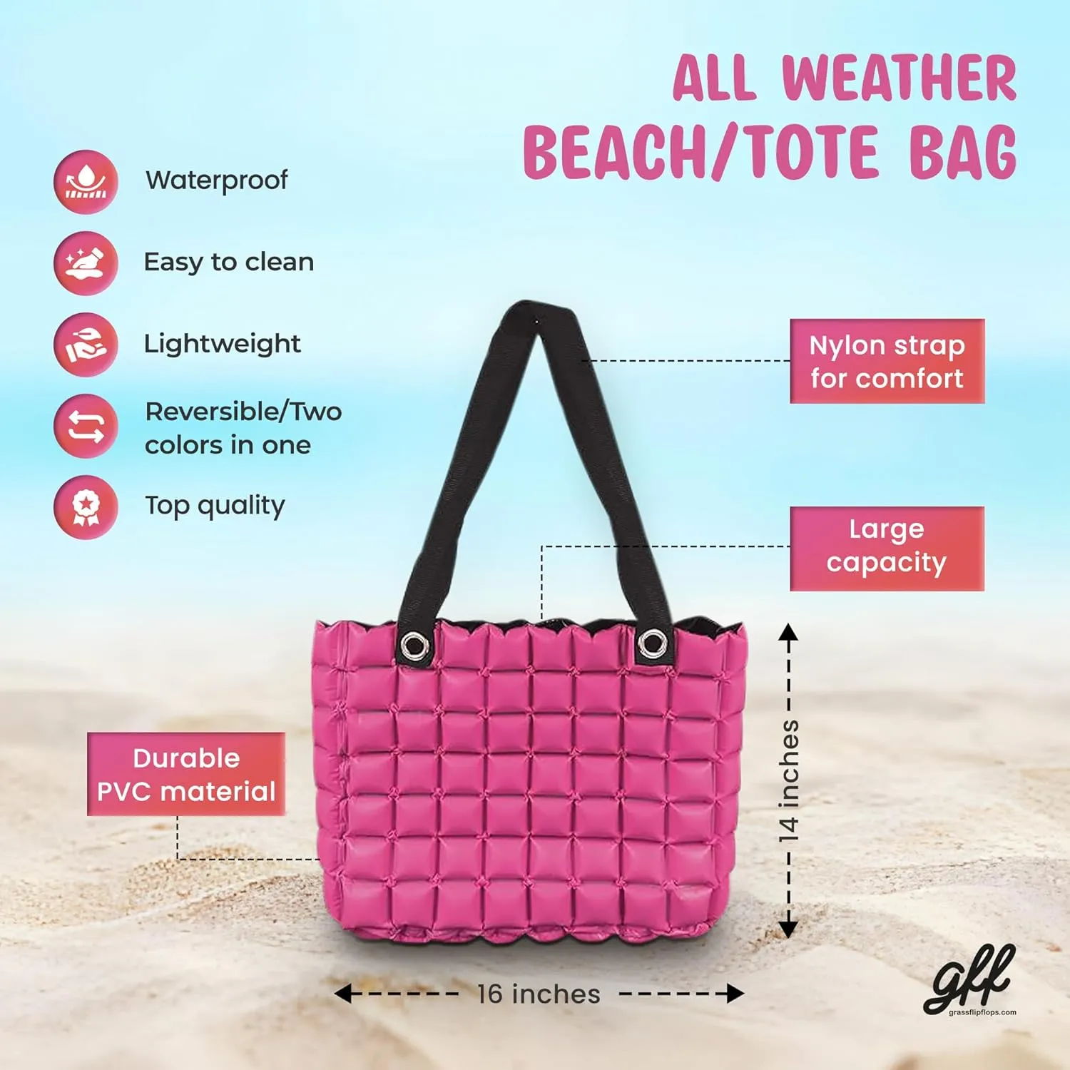 Large Beach Tote Bag for Women 16x14 Inch Foldable Travel Tote Bag Reversible - PVC Waterproof Beach Bags for Pool Shopping