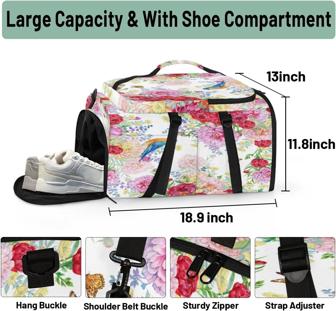 Large Sports Gym Bag With Shoe & Laptop Compartment 47L Waterproof Travel Duffel Bags for Men Women Colorful Pretty Flowers Luggage Backpack Duffle Bag