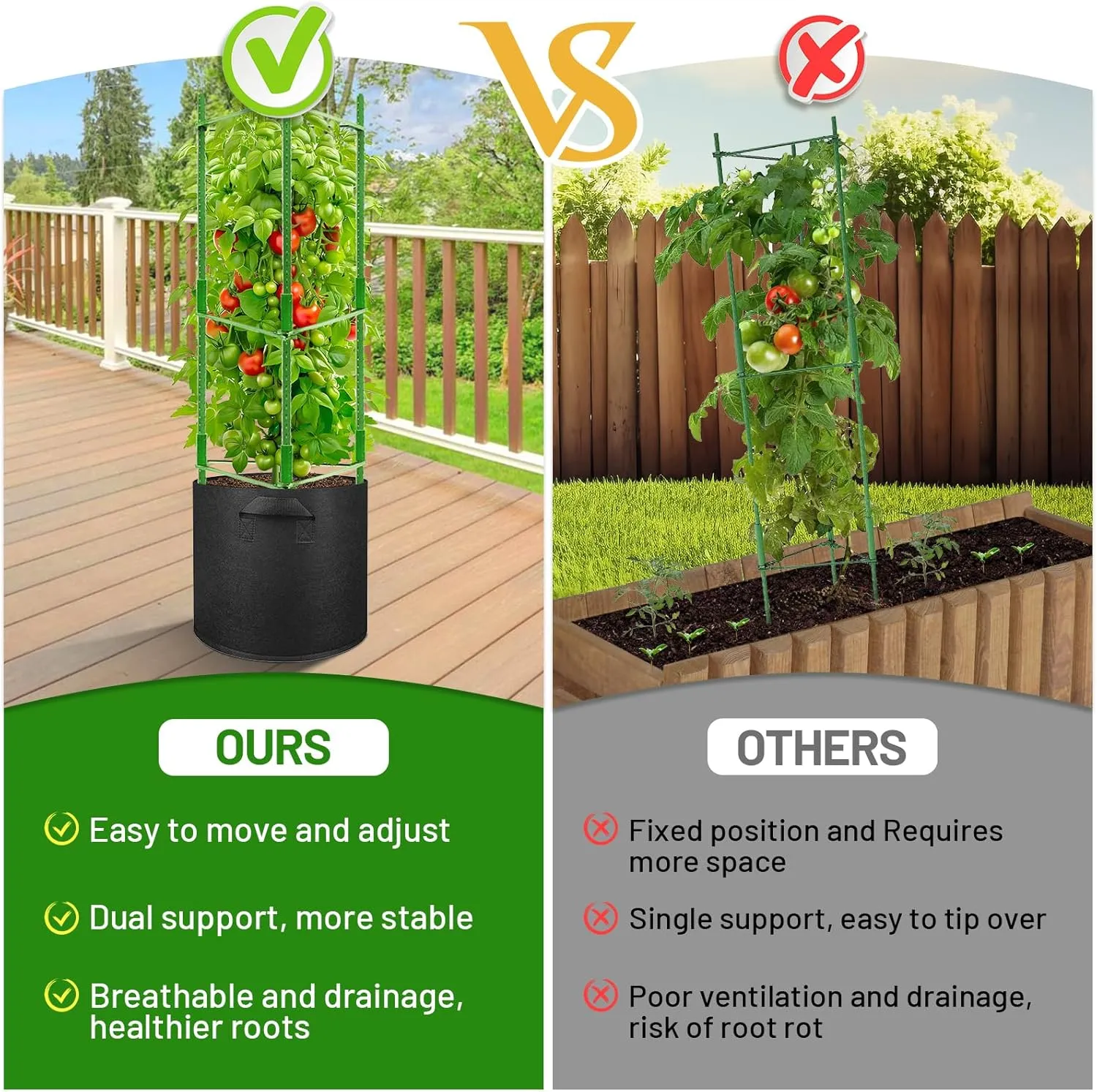Legigo 6 Pack Tomato Cages with 10 Gallon Grow Bags- 48inch Tomato Trellis Plant Support Stakes Planter, Tomato Plant Cages Garden Trellis for Vertical Climbing Plants Vegetables Flowers Fruits