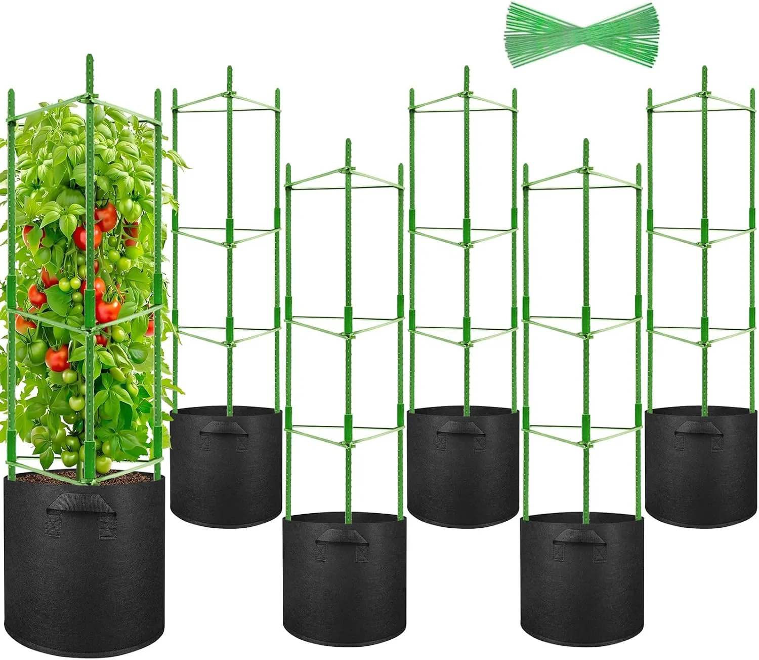 Legigo 6 Pack Tomato Cages with 10 Gallon Grow Bags- 48inch Tomato Trellis Plant Support Stakes Planter, Tomato Plant Cages Garden Trellis for Vertical Climbing Plants Vegetables Flowers Fruits