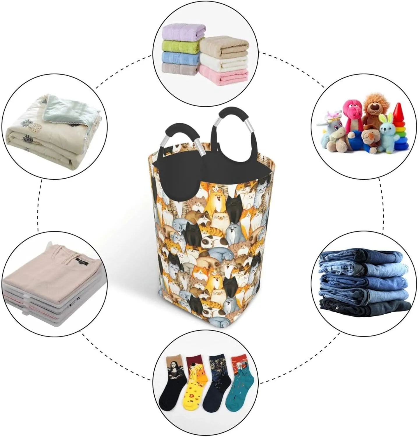 LIBIFALL Colorful Cats Laundry Basket Cute Animal 50L Large Collapsible Laundry Hamper Bag Funny Cat Clothes Hampers with Handles Storage For Dorm Family