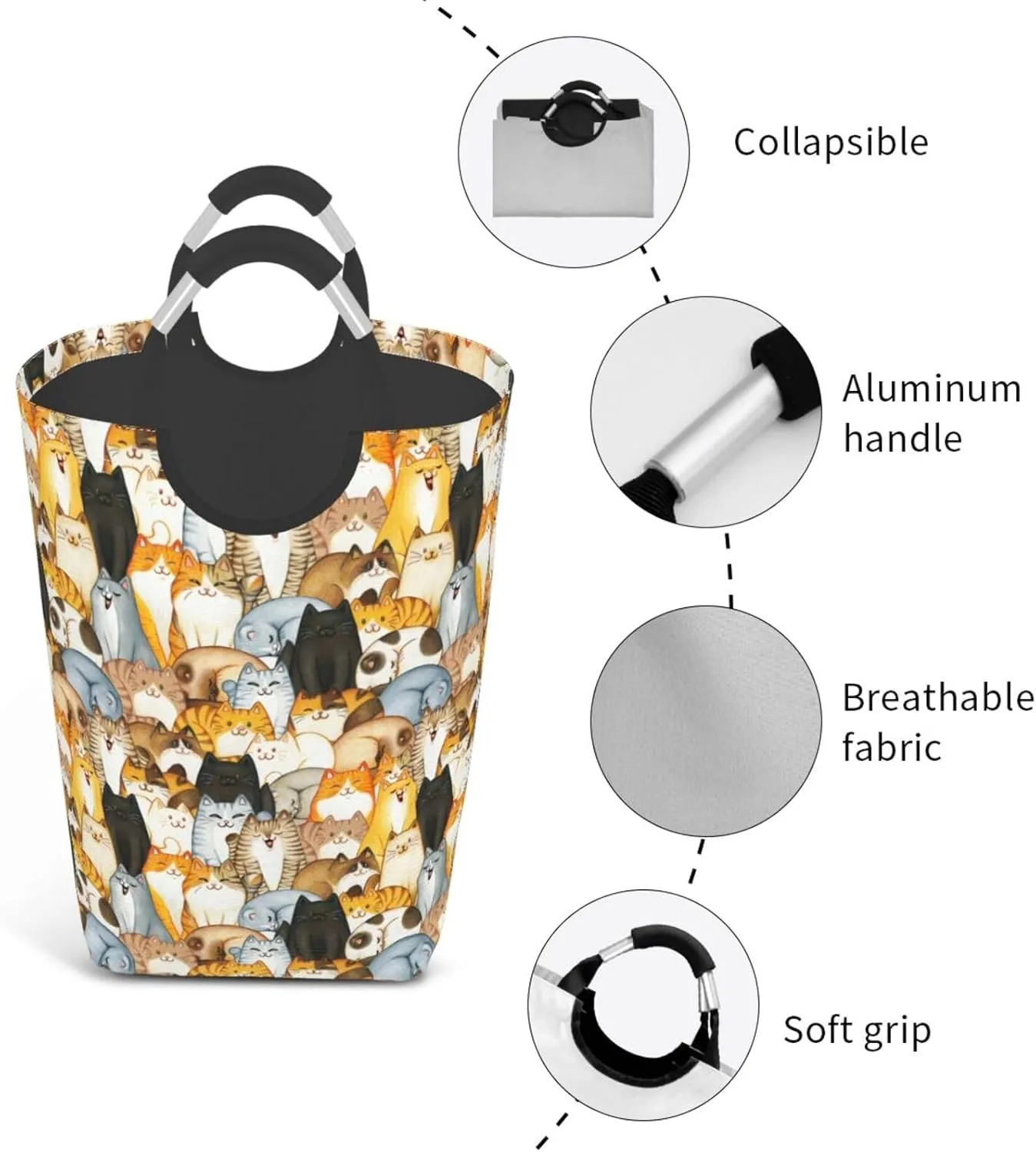 LIBIFALL Colorful Cats Laundry Basket Cute Animal 50L Large Collapsible Laundry Hamper Bag Funny Cat Clothes Hampers with Handles Storage For Dorm Family