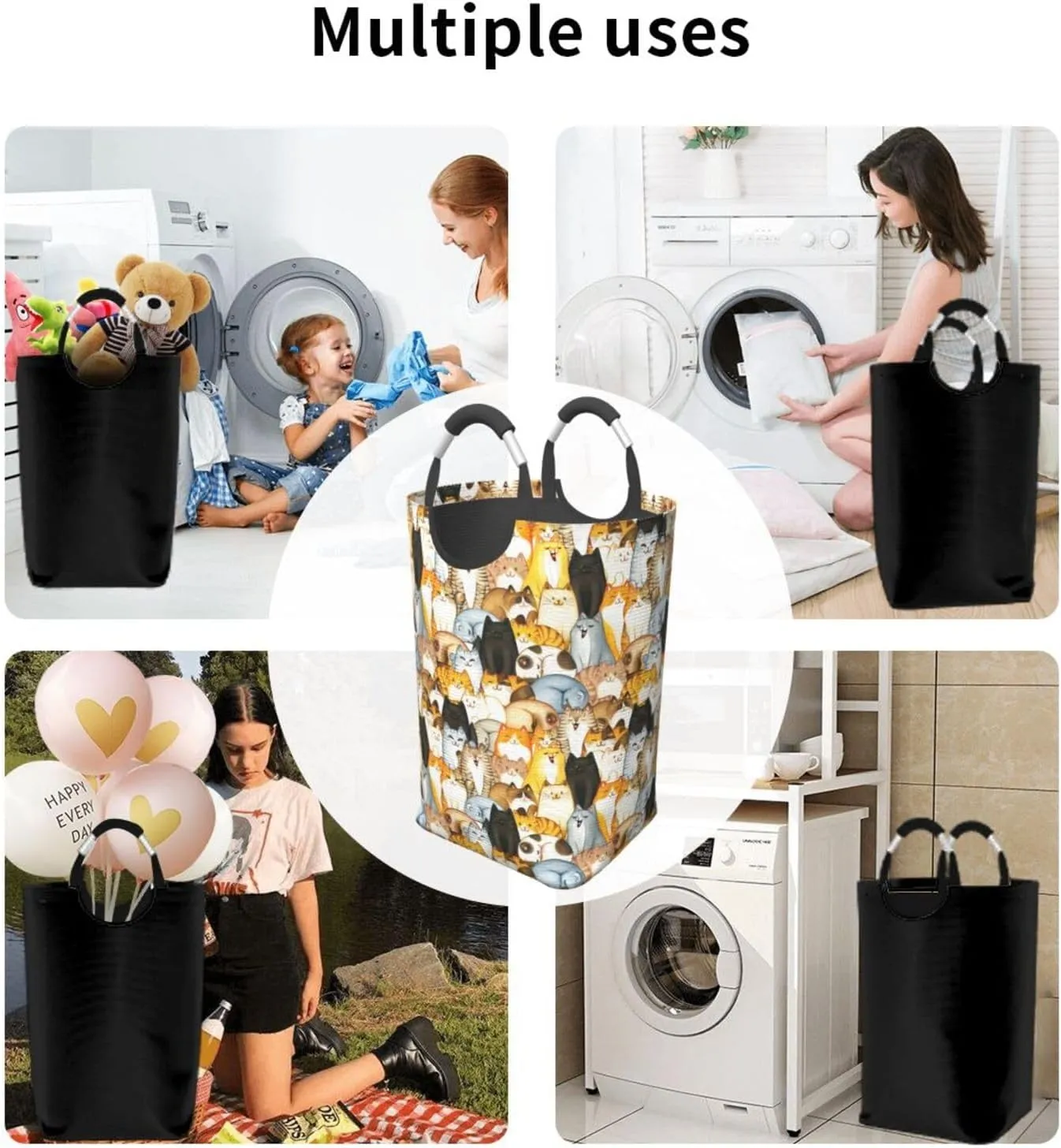 LIBIFALL Colorful Cats Laundry Basket Cute Animal 50L Large Collapsible Laundry Hamper Bag Funny Cat Clothes Hampers with Handles Storage For Dorm Family