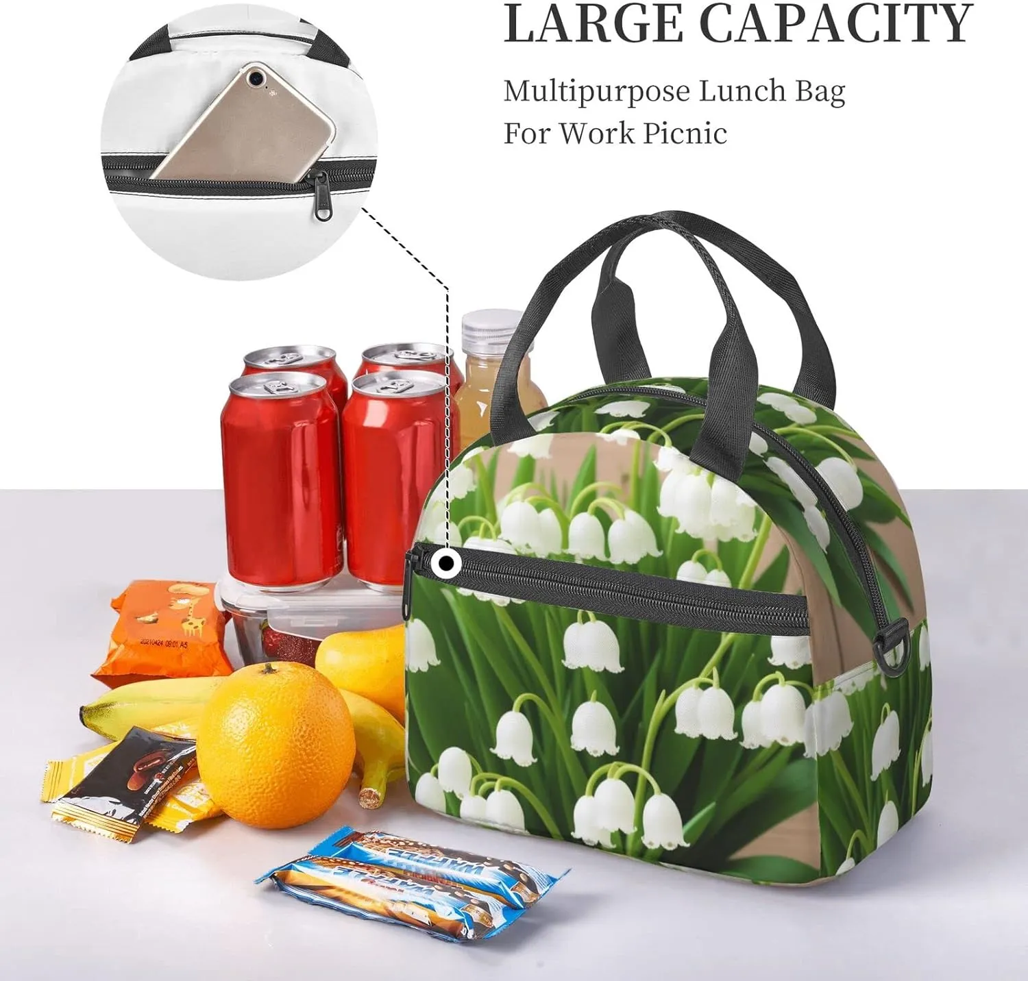 Lilies Of The Valley Lunch Bag Insulated Lunch Tote With Adjustable Shoulder Strap Women And Men'S Office Work Travel Picnic