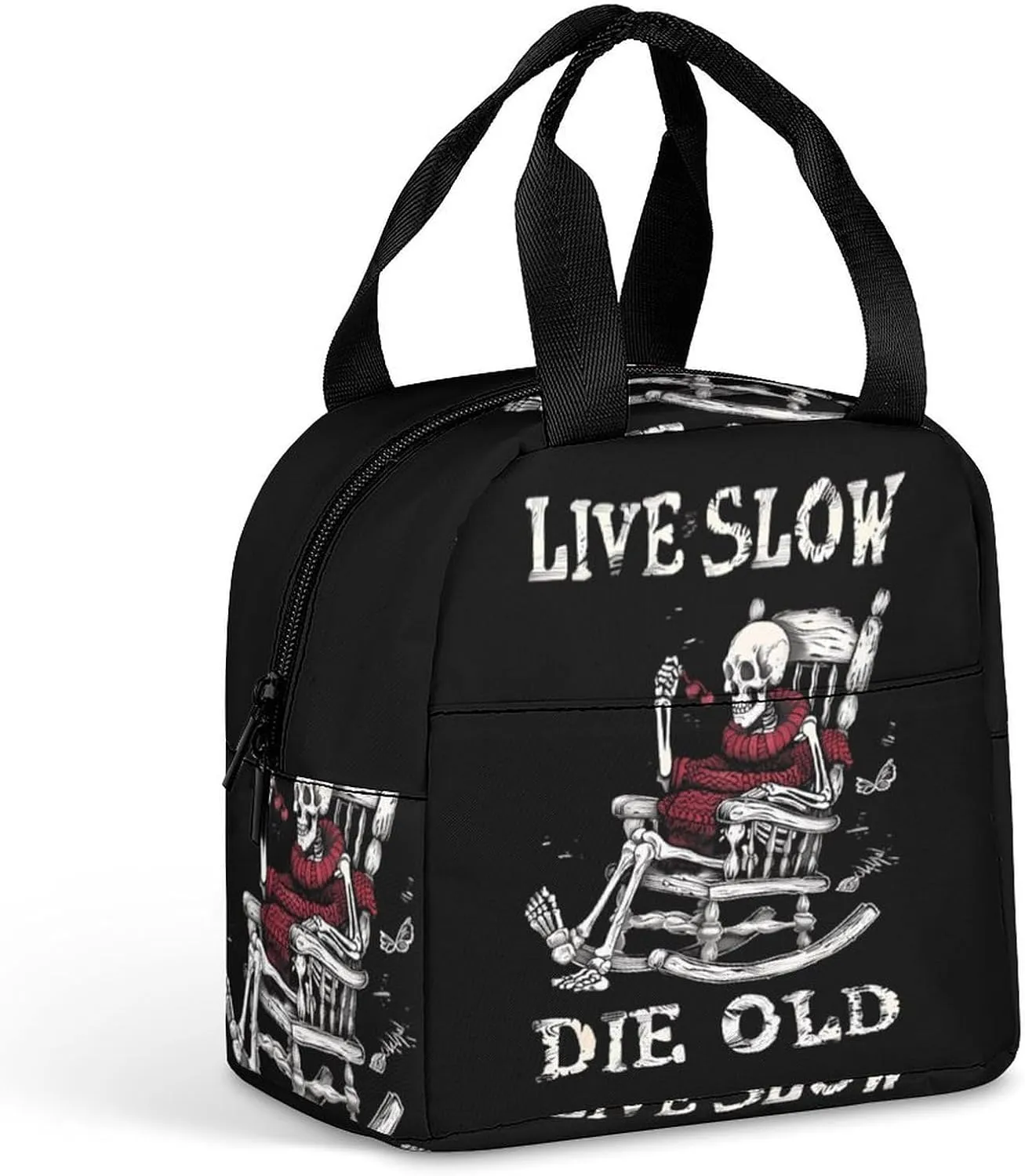 Live Slow Die Old Funny Reusable Lunch Bag Insulated Tote Box Cooler Food Handbags Case For Women Men 8.5 X 8 X 5 Inches