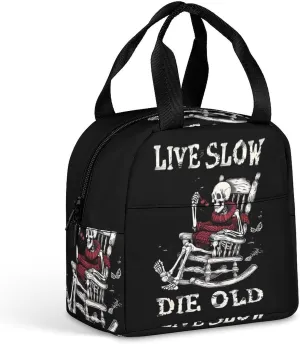 Live Slow Die Old Funny Reusable Lunch Bag Insulated Tote Box Cooler Food Handbags Case For Women Men 8.5 X 8 X 5 Inches