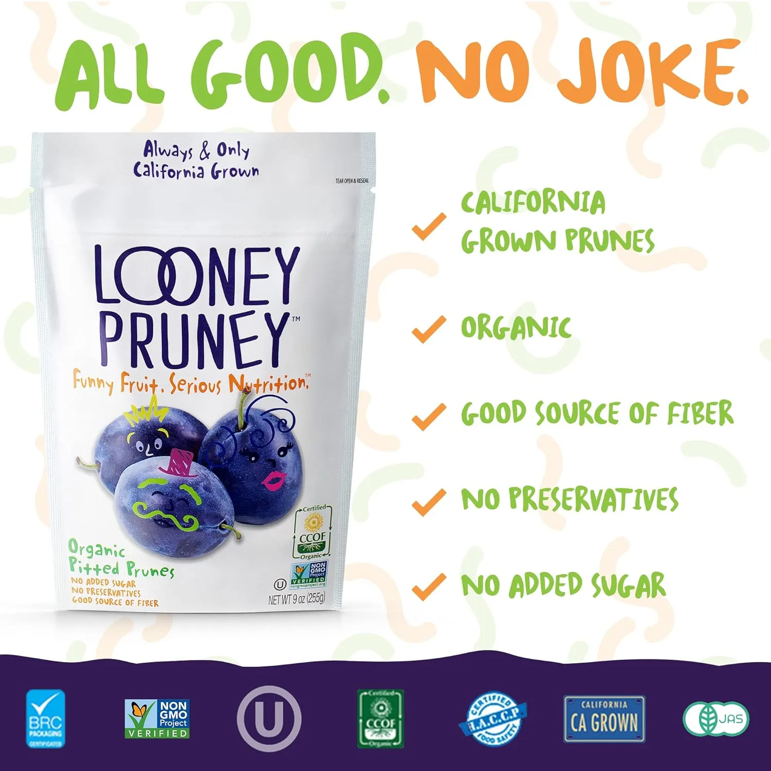 Looney Pruney Organic Pitted Dried Prunes for the Entire Family | Always California-Grown | Kosher | No Added Sugar & No Preservatives (6 pack)