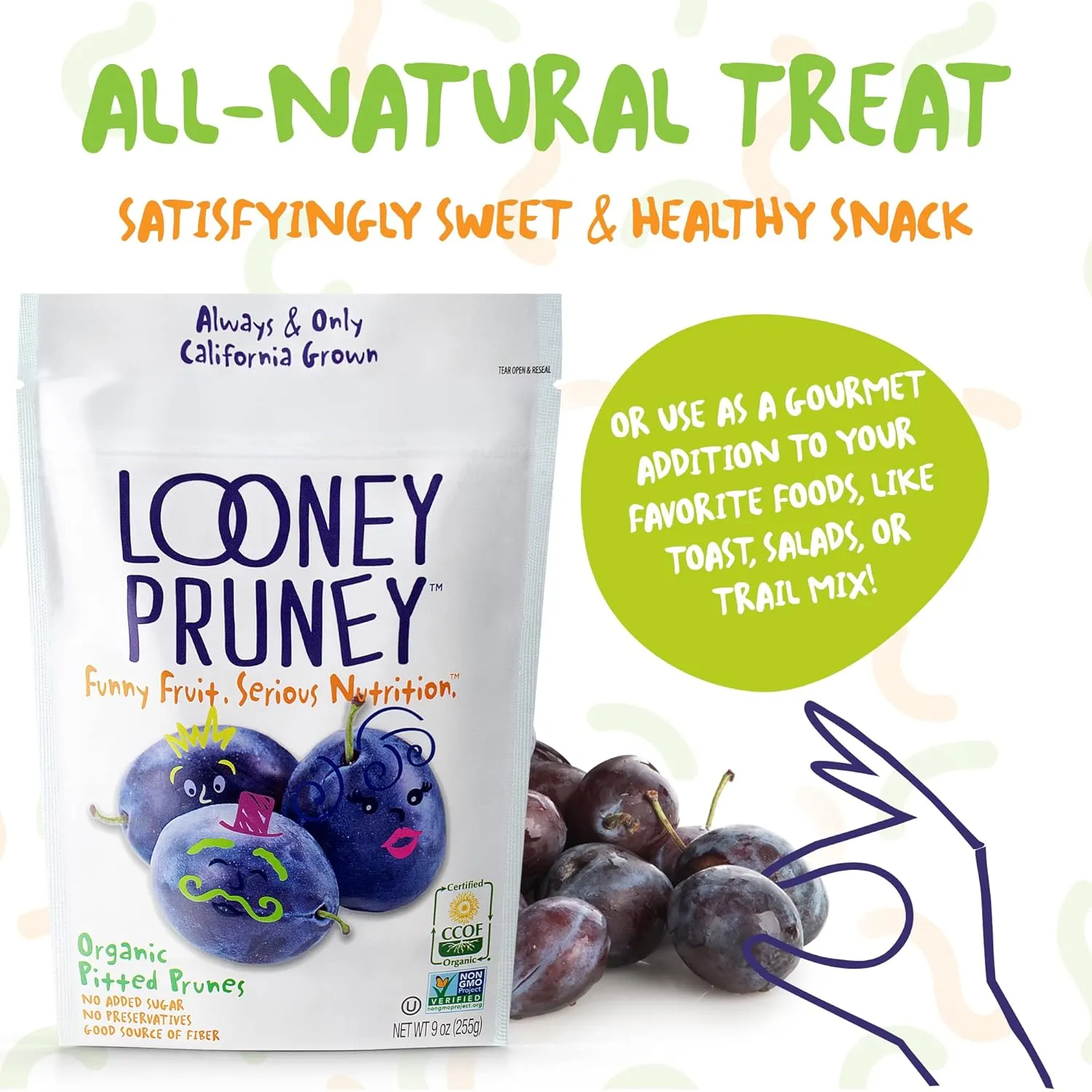 Looney Pruney Organic Pitted Dried Prunes for the Entire Family | Always California-Grown | Kosher | No Added Sugar & No Preservatives (6 pack)