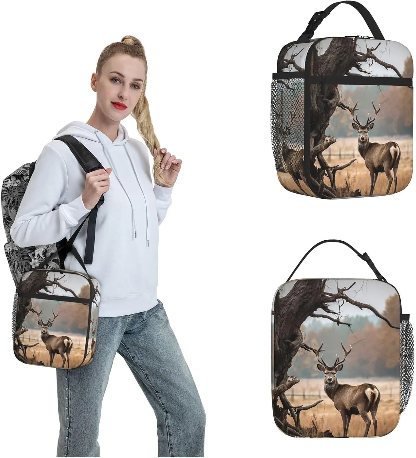 Lunch Bag for Women Men Brown Deer Near Withered Tree Insulated Lunch Box Large Capacity Lunchbox Reusable Lunch Tote Bag Leakproof Thermal Cooler Sack Food Handbags for Work Travel Picnic