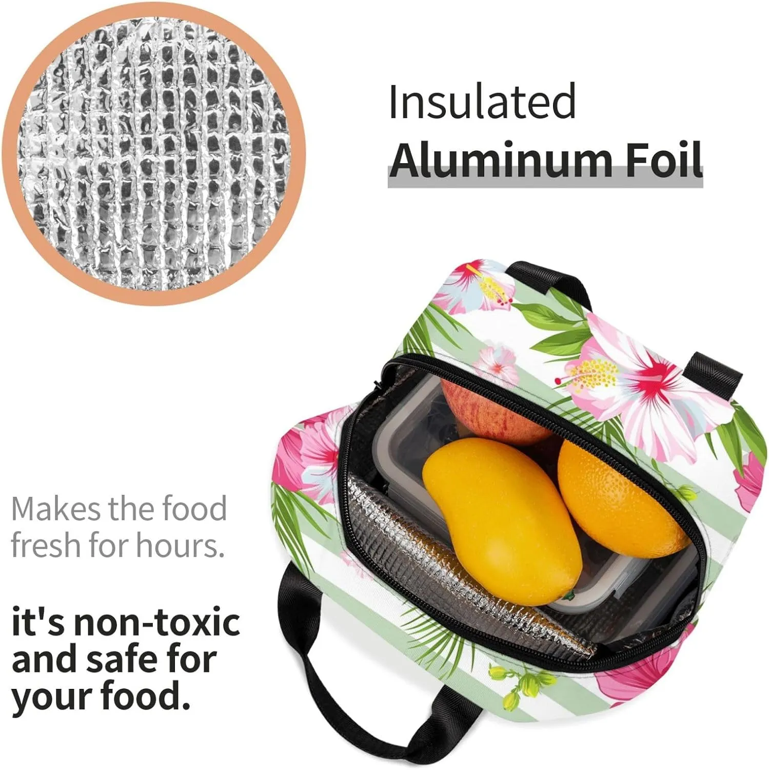 Lunch Bag for Women Men Reusable Insulated Lunch Box, Tropical Flower Hibiscus Orchid Floral Plant Strip Handbags Case High Capacity for Work, Travel, Outdoor