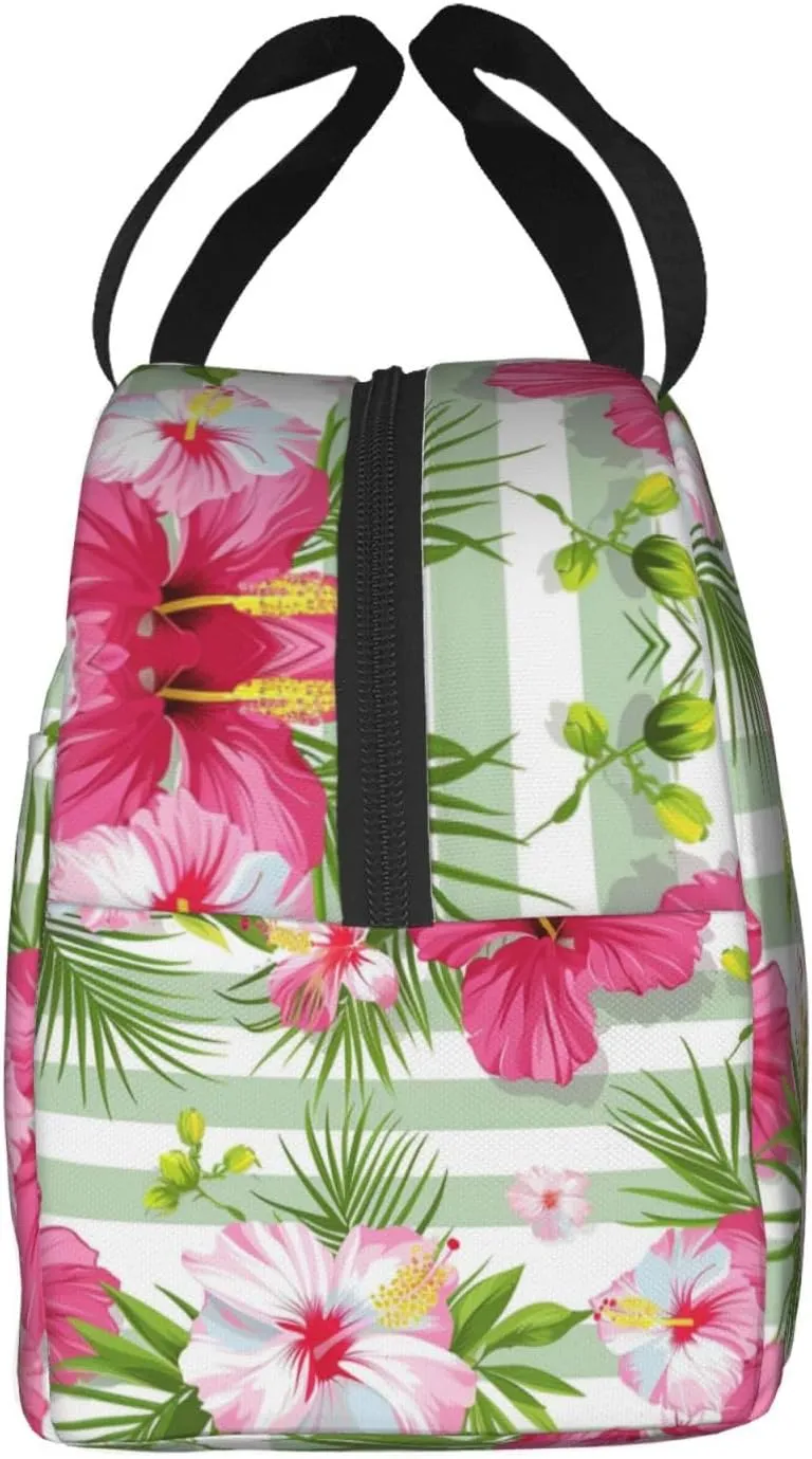 Lunch Bag for Women Men Reusable Insulated Lunch Box, Tropical Flower Hibiscus Orchid Floral Plant Strip Handbags Case High Capacity for Work, Travel, Outdoor