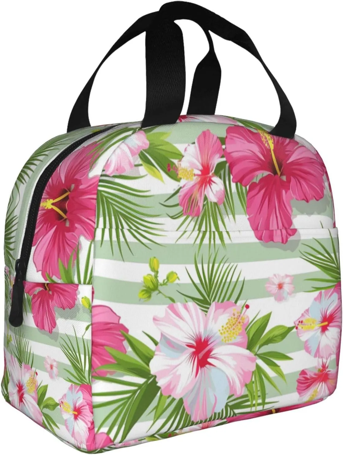 Lunch Bag for Women Men Reusable Insulated Lunch Box, Tropical Flower Hibiscus Orchid Floral Plant Strip Handbags Case High Capacity for Work, Travel, Outdoor