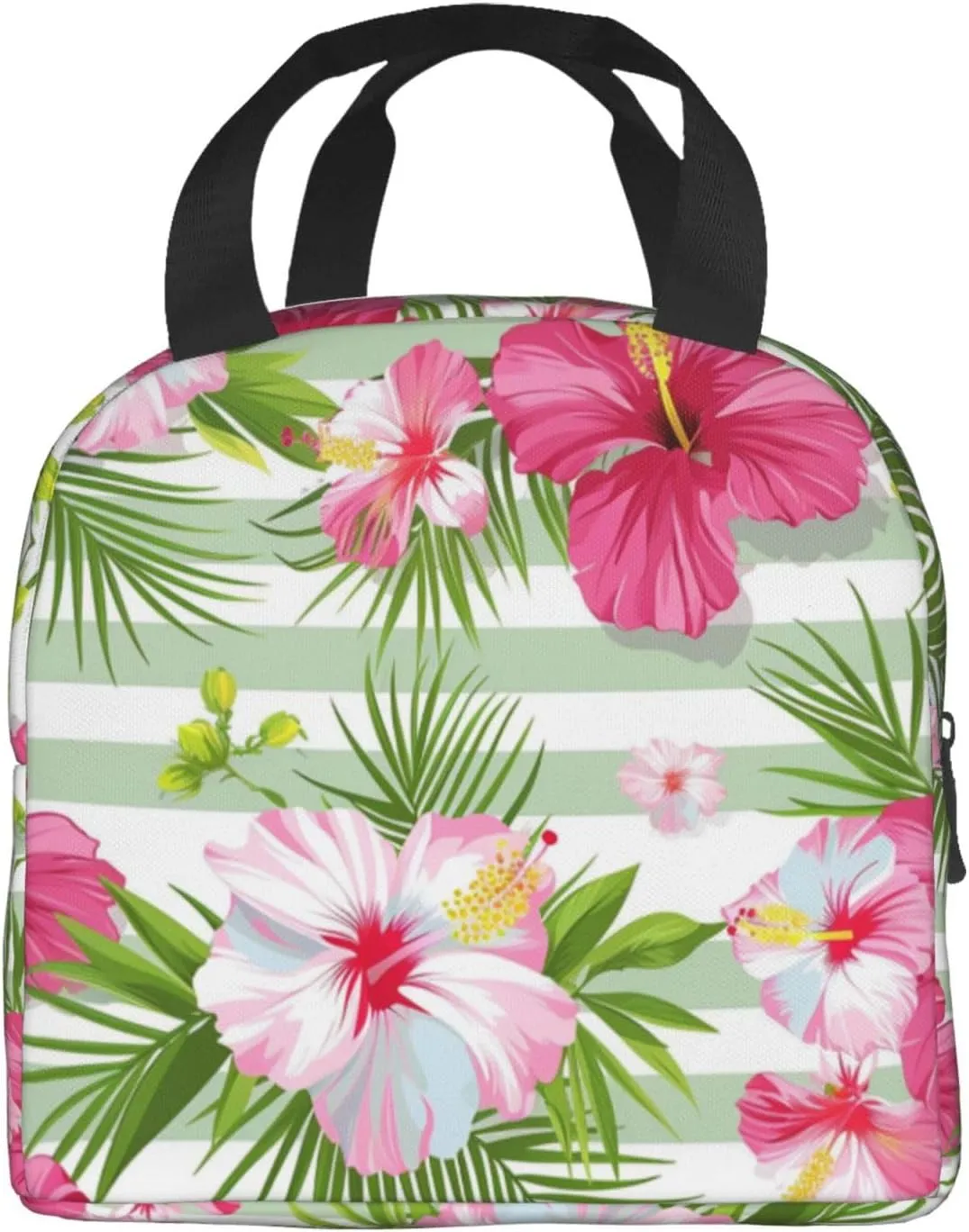 Lunch Bag for Women Men Reusable Insulated Lunch Box, Tropical Flower Hibiscus Orchid Floral Plant Strip Handbags Case High Capacity for Work, Travel, Outdoor