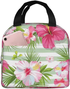 Lunch Bag for Women Men Reusable Insulated Lunch Box, Tropical Flower Hibiscus Orchid Floral Plant Strip Handbags Case High Capacity for Work, Travel, Outdoor