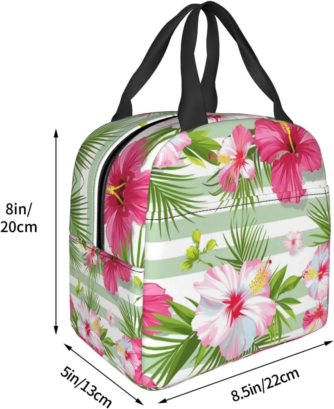 Lunch Bag for Women Men Reusable Insulated Lunch Box, Tropical Flower Hibiscus Orchid Floral Plant Strip Handbags Case High Capacity for Work, Travel, Outdoor
