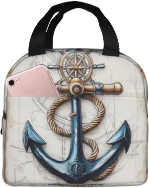 Lunch Bag for Women Men Reusable Insulated Lunch Box, Vintage Nautical Anchor Compass Handbags Case High Capacity for Work, Travel, Outdoor
