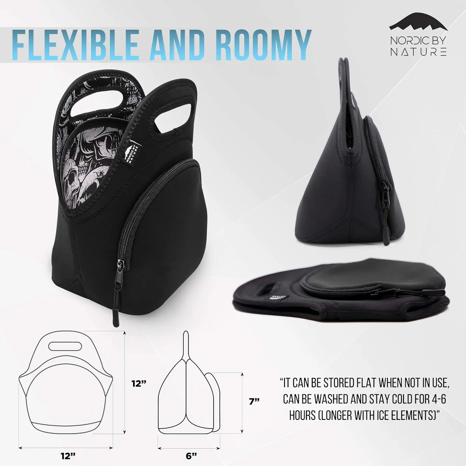 Lunch Bag Set For Women, Men & Kids | Extra Thick 5mm Insulated Neoprene Keeps Your Lunch Box Delicious For Hours | Washable | Water Bottle Sleeve | Extra Pocket | YKK zippers | Skulls