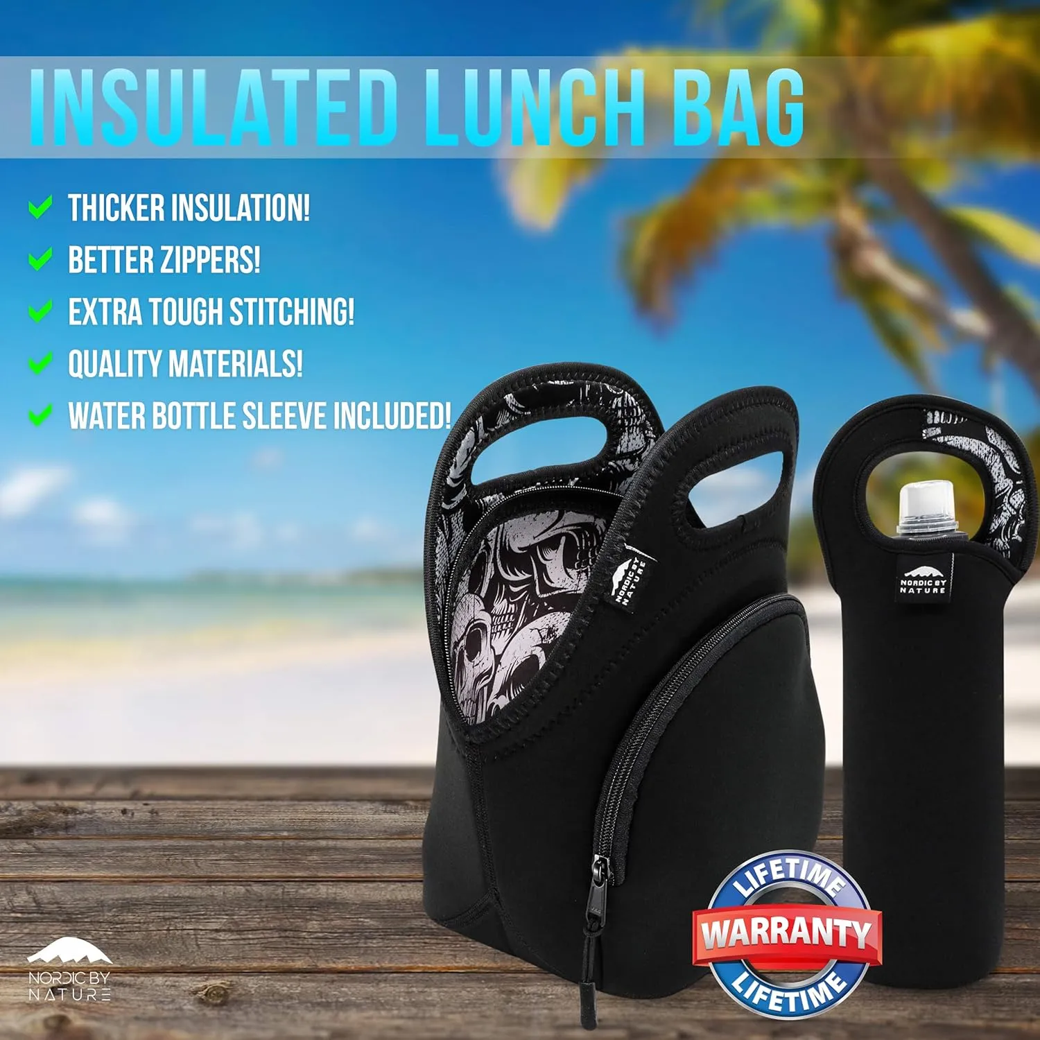 Lunch Bag Set For Women, Men & Kids | Extra Thick 5mm Insulated Neoprene Keeps Your Lunch Box Delicious For Hours | Washable | Water Bottle Sleeve | Extra Pocket | YKK zippers | Skulls