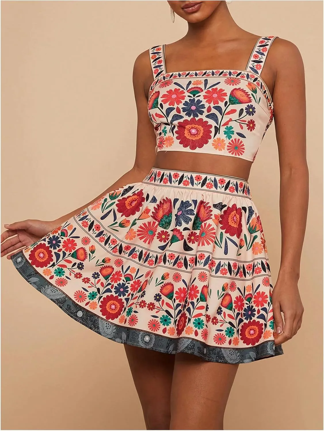 MakeMeChic Women's 2 Piece Vacation Outfits Floral Shirred Tank Top and A Line Mini Skirt Sets