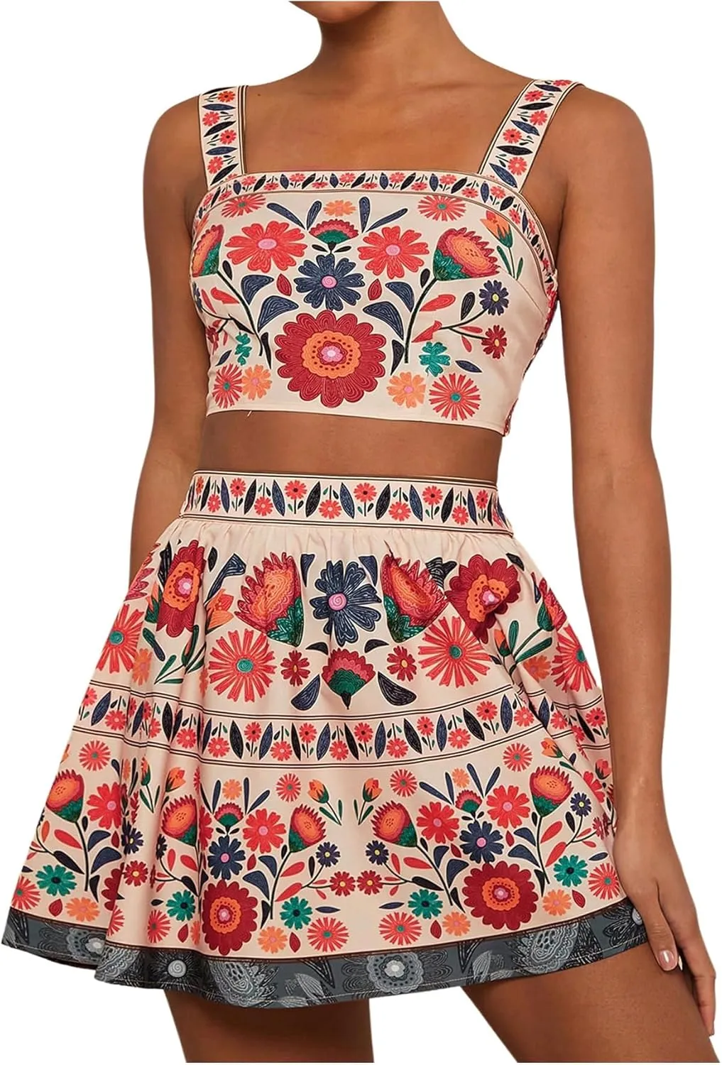 MakeMeChic Women's 2 Piece Vacation Outfits Floral Shirred Tank Top and A Line Mini Skirt Sets