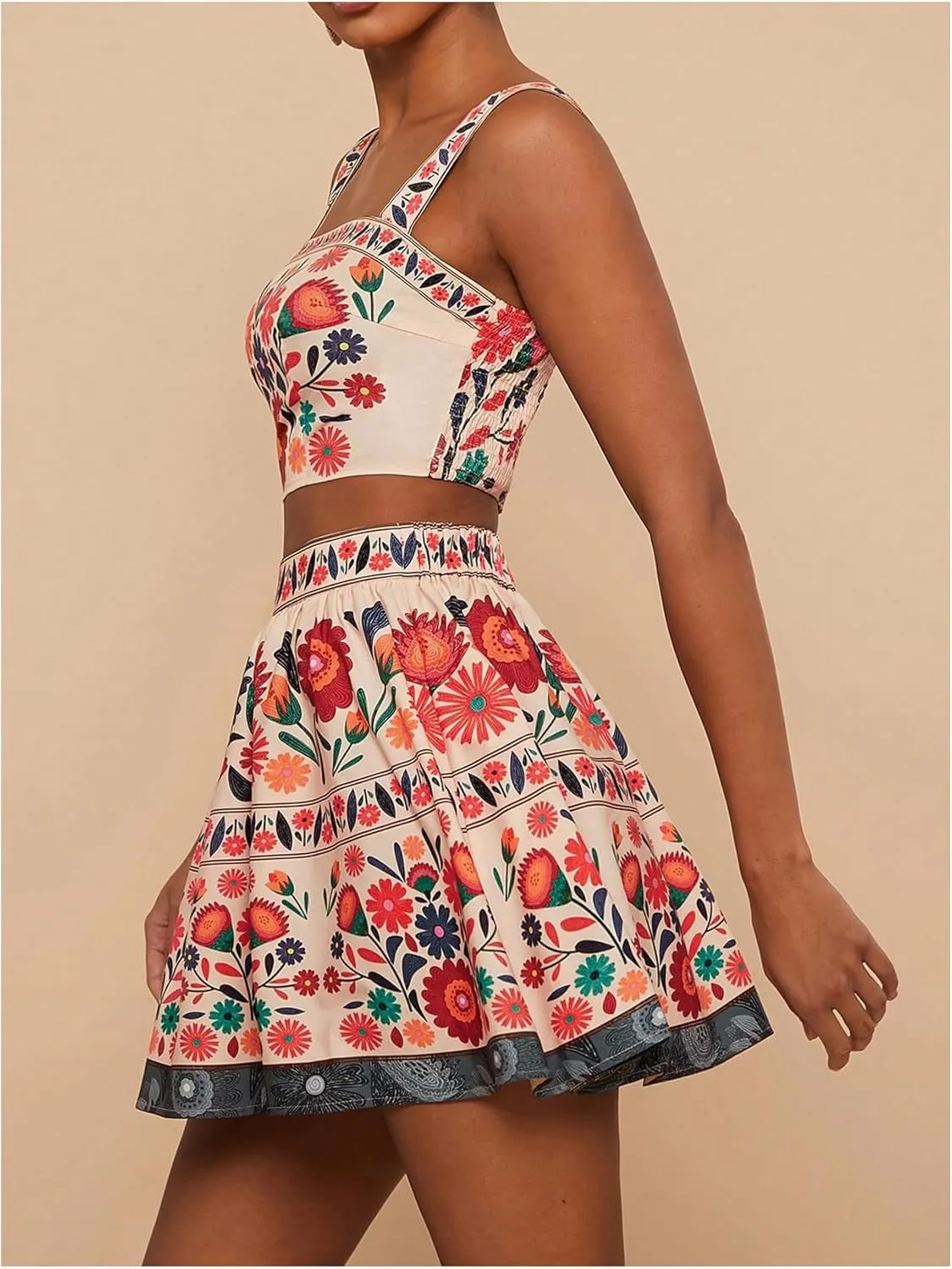 MakeMeChic Women's 2 Piece Vacation Outfits Floral Shirred Tank Top and A Line Mini Skirt Sets