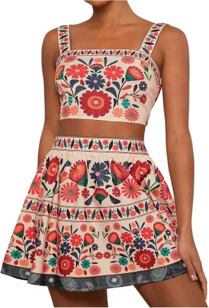 MakeMeChic Women's 2 Piece Vacation Outfits Floral Shirred Tank Top and A Line Mini Skirt Sets