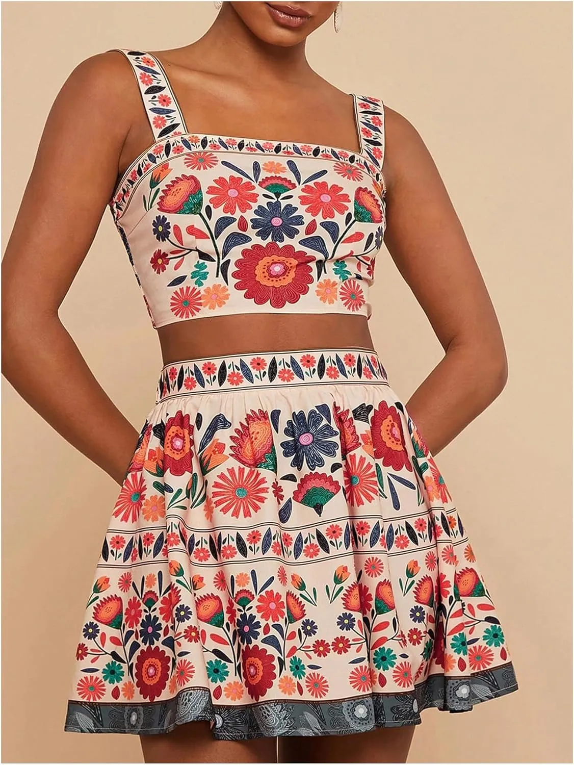 MakeMeChic Women's 2 Piece Vacation Outfits Floral Shirred Tank Top and A Line Mini Skirt Sets