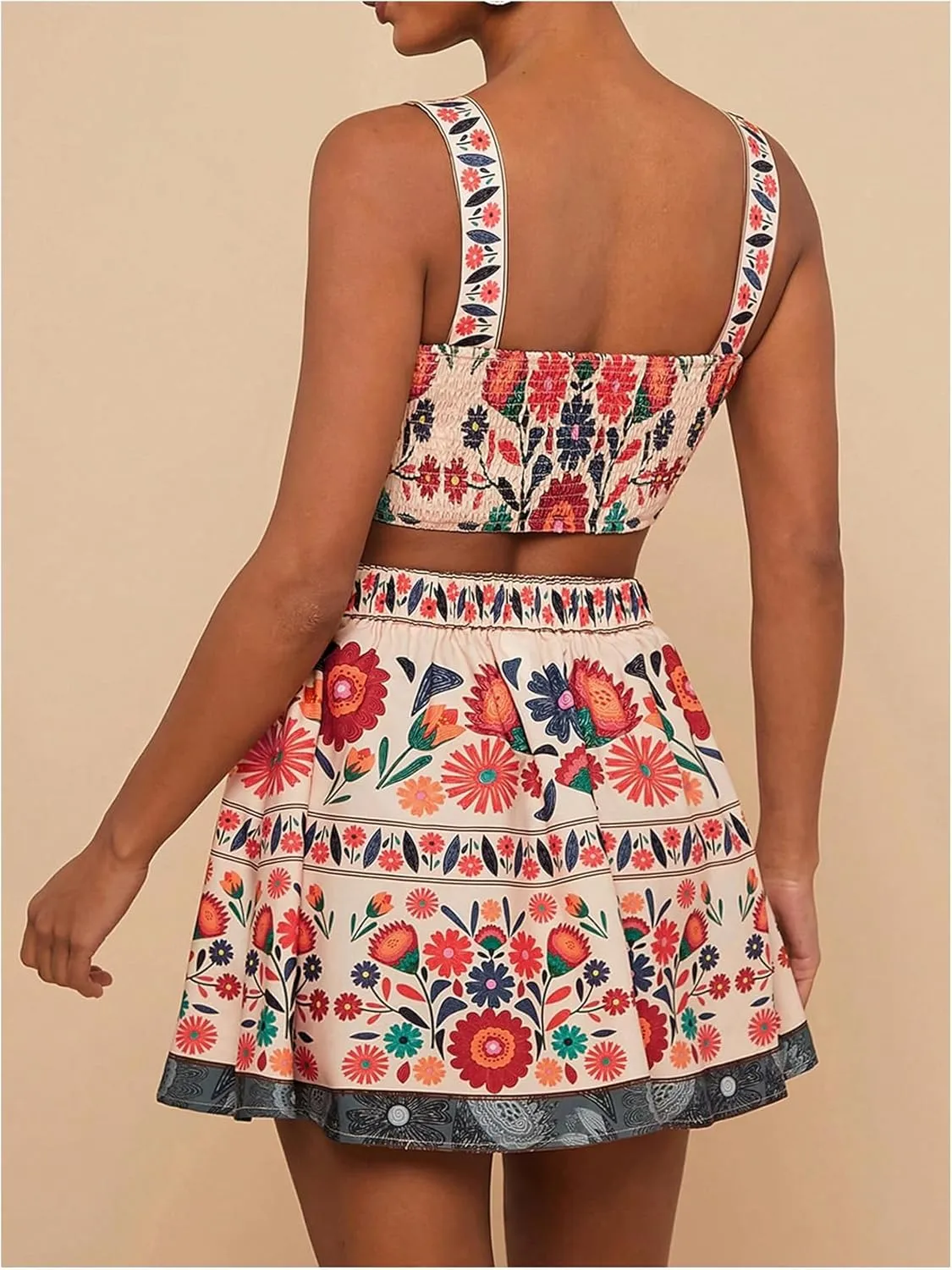 MakeMeChic Women's 2 Piece Vacation Outfits Floral Shirred Tank Top and A Line Mini Skirt Sets