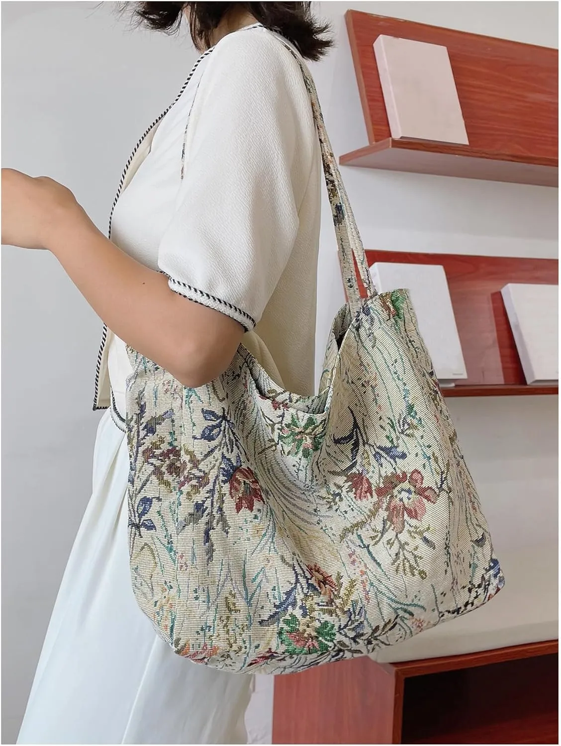MakeMeChic Women's Floral Pattern Double Strap Large Shoulder Handbags Tote Bags