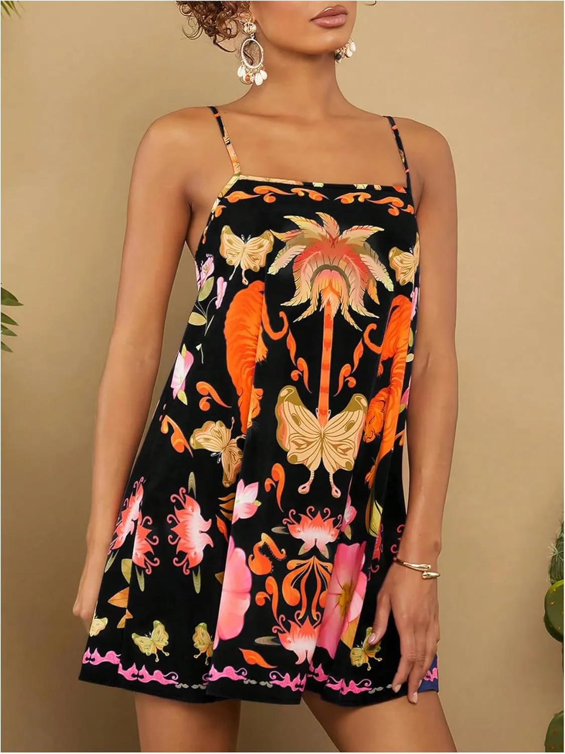 MakeMeChic Women's Tropical Print Cami Dress A Line Spaghetti Strap Sleeveless Boho Summer Mini Dresses