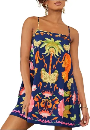 MakeMeChic Women's Tropical Print Cami Dress A Line Spaghetti Strap Sleeveless Boho Summer Mini Dresses