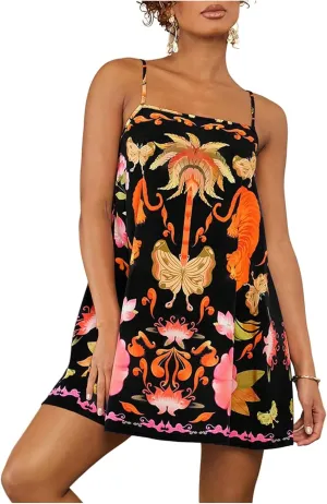 MakeMeChic Women's Tropical Print Cami Dress A Line Spaghetti Strap Sleeveless Boho Summer Mini Dresses