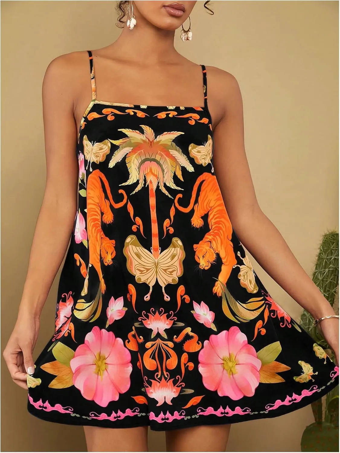 MakeMeChic Women's Tropical Print Cami Dress A Line Spaghetti Strap Sleeveless Boho Summer Mini Dresses