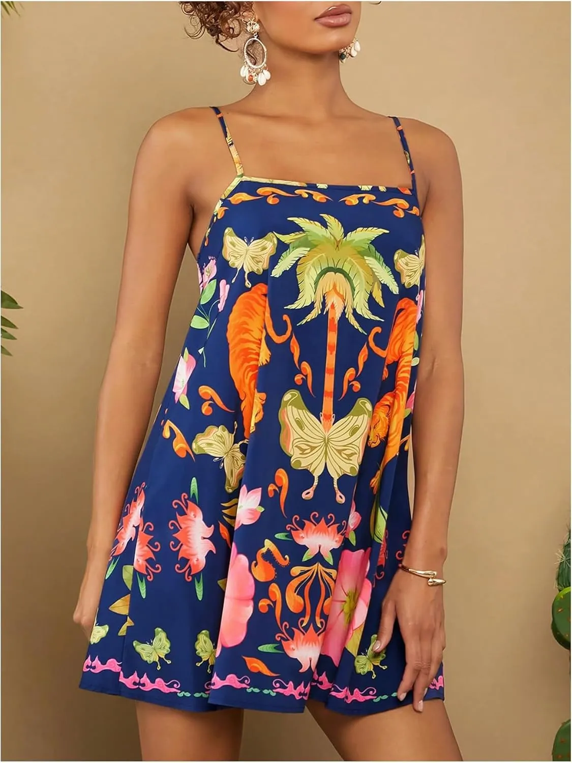 MakeMeChic Women's Tropical Print Cami Dress A Line Spaghetti Strap Sleeveless Boho Summer Mini Dresses