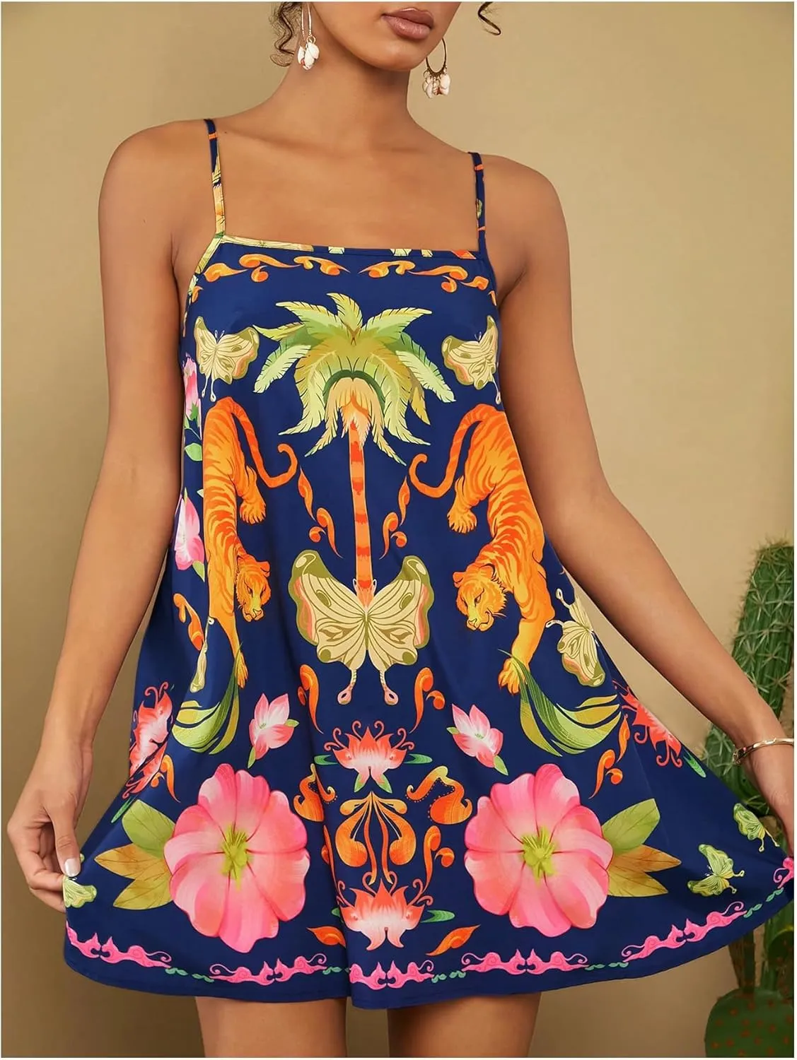 MakeMeChic Women's Tropical Print Cami Dress A Line Spaghetti Strap Sleeveless Boho Summer Mini Dresses