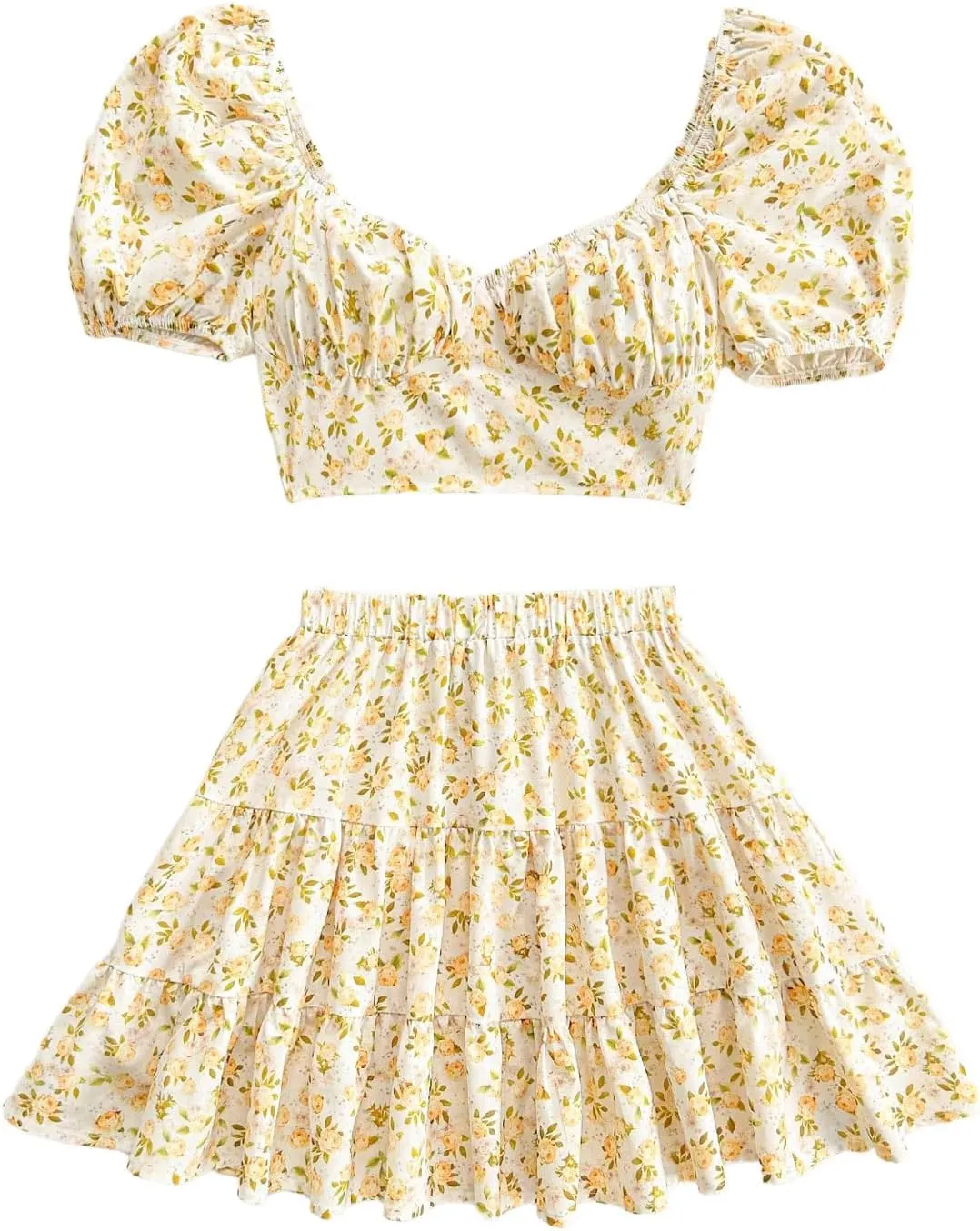 MakeMeChic Women's Two Piece Outfit Floral Sweetheart Puff Sleeve Tie Back Crop Tops and Ruffle Skirt Set